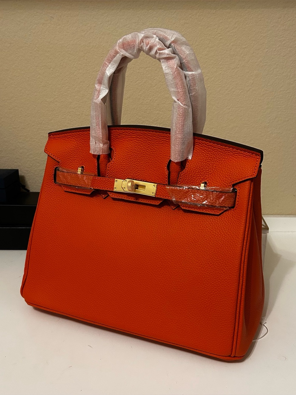 30cm Gold on Orange Top Handle Leather Satchel BK Style